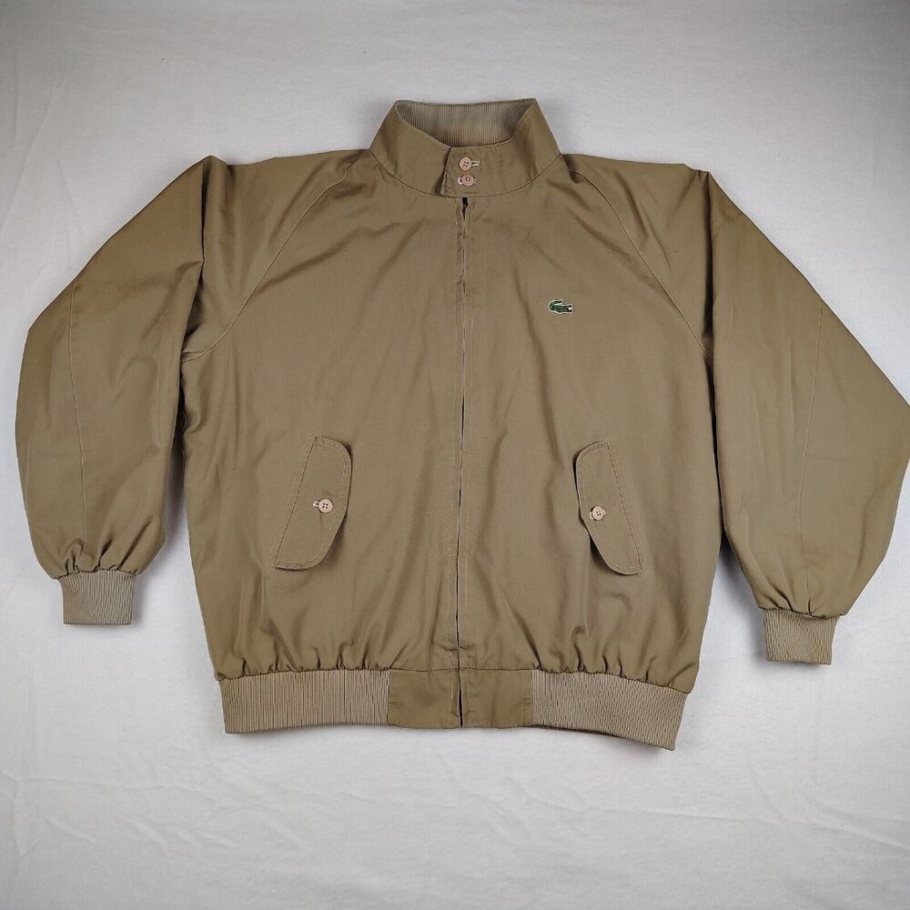 VTG IZOD Lacoste Jacket Mens X-Large Tan Beige Bomber with Logo